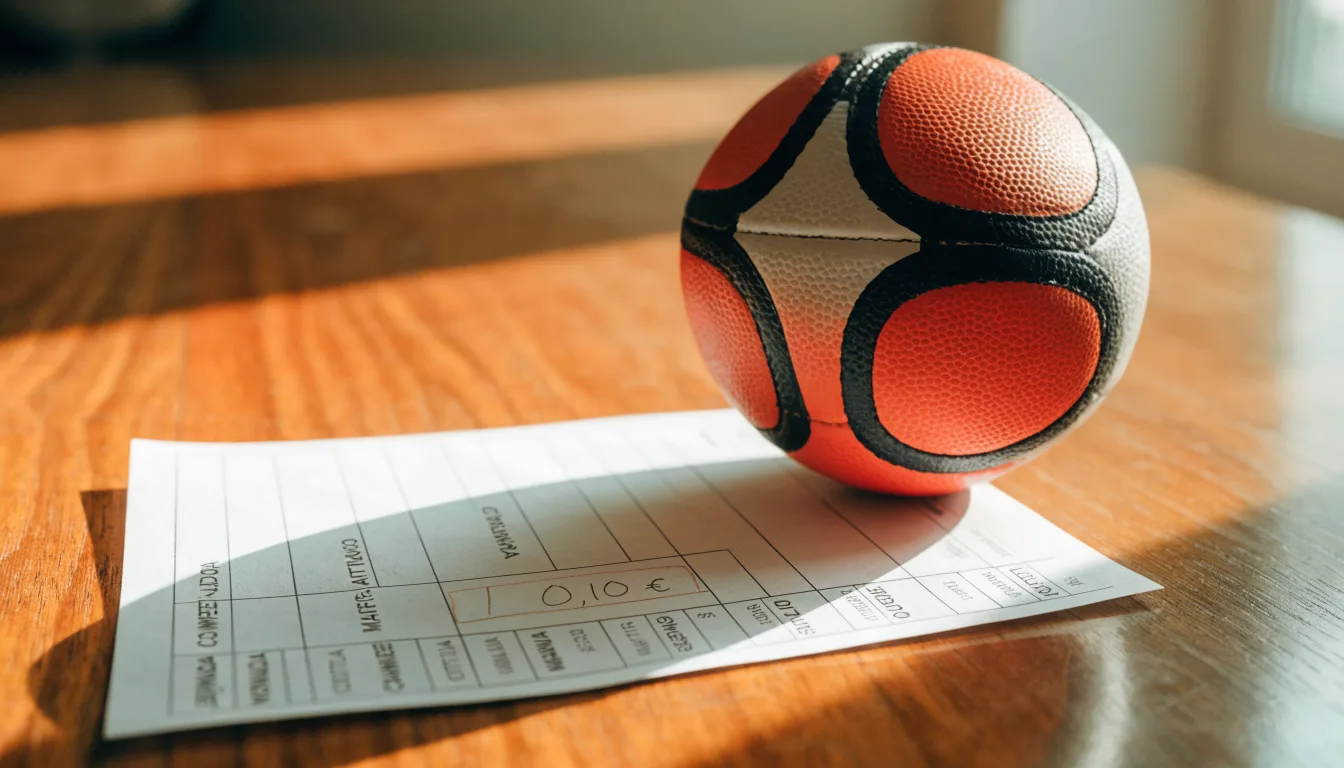 Uma bola de futebol pousada sobre um talão de apostas em branco numa mesa de madeira, à luz do dia