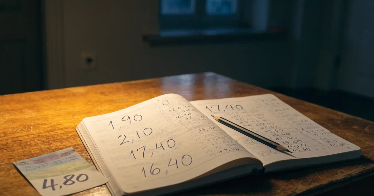 Um caderno aberto com cotas escritas à mão, uma calculadora e um lápis sobre uma mesa de madeira