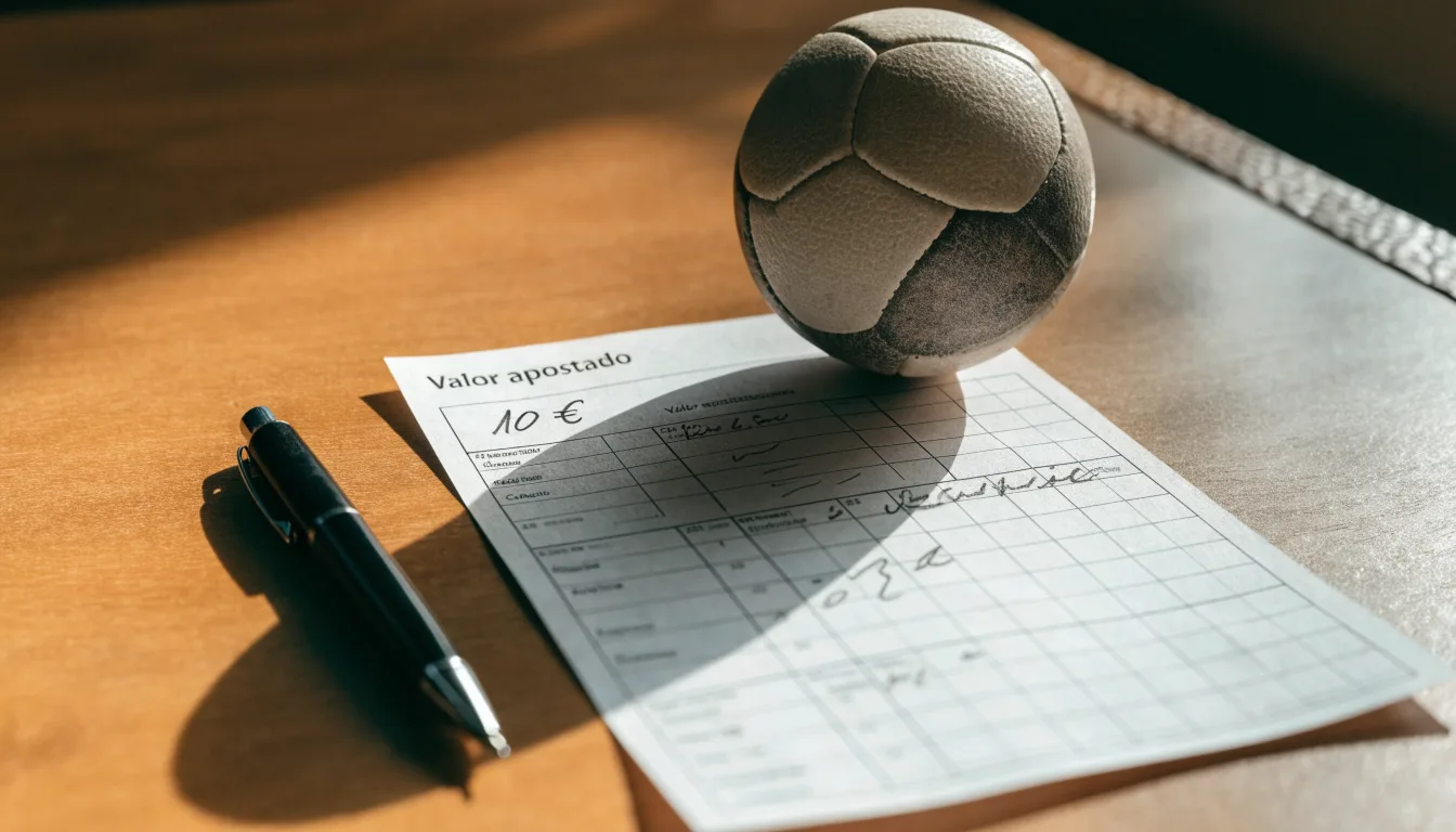 Uma bola de futebol pousada sobre um talão de apostas em branco numa mesa de madeira, à luz do dia