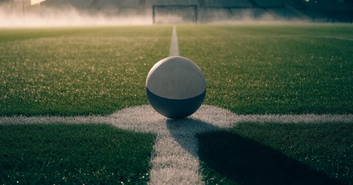 Uma bola de futebol no ponto central de um relvado, à luz da manhã
