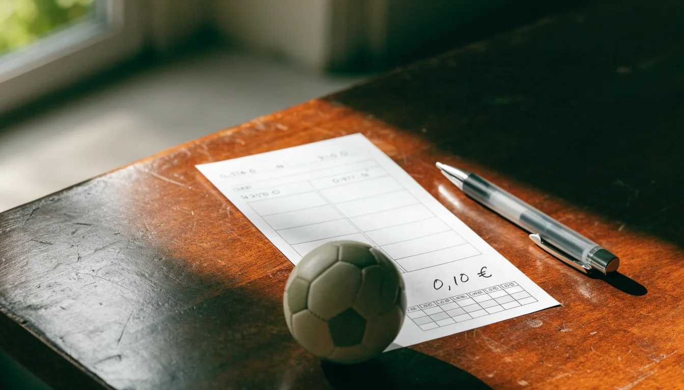 Uma bola de futebol pousada sobre um talão de apostas em branco numa mesa de madeira, à luz do dia