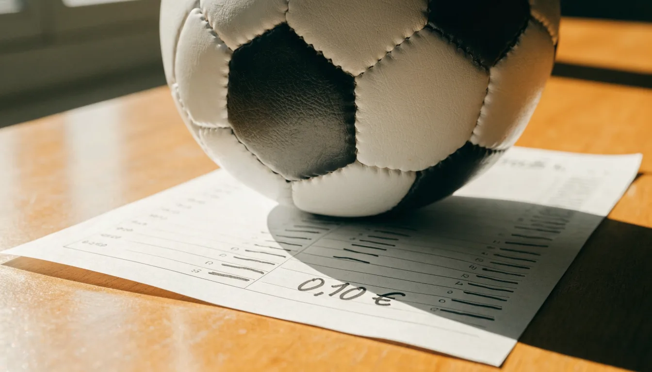 Uma bola de futebol pousada sobre um talão de apostas em branco numa mesa de madeira, à luz do dia