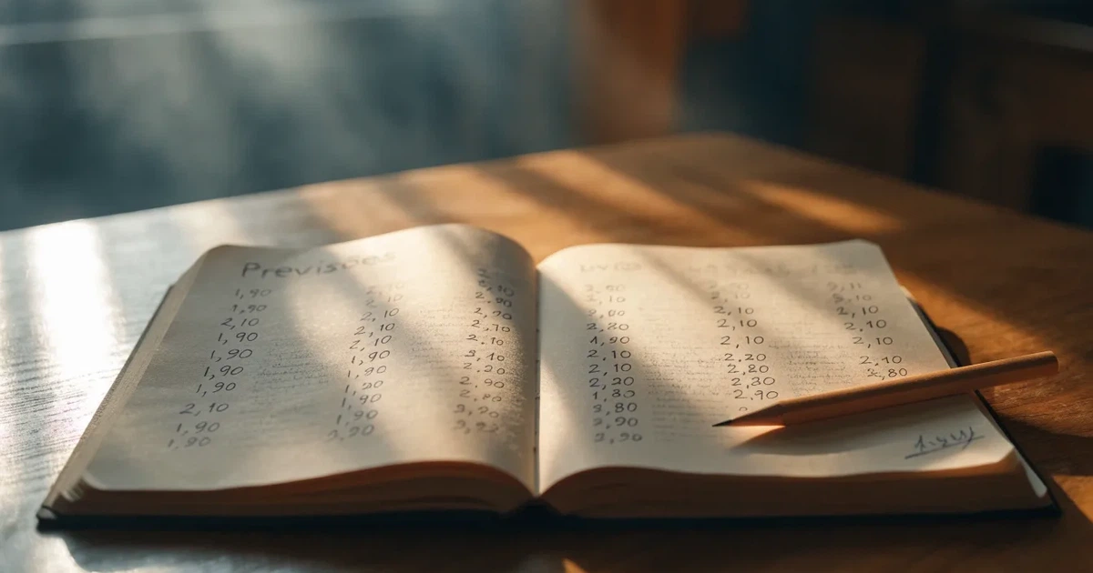 Um caderno aberto com cotas escritas à mão, uma calculadora e um lápis sobre uma mesa de madeira
