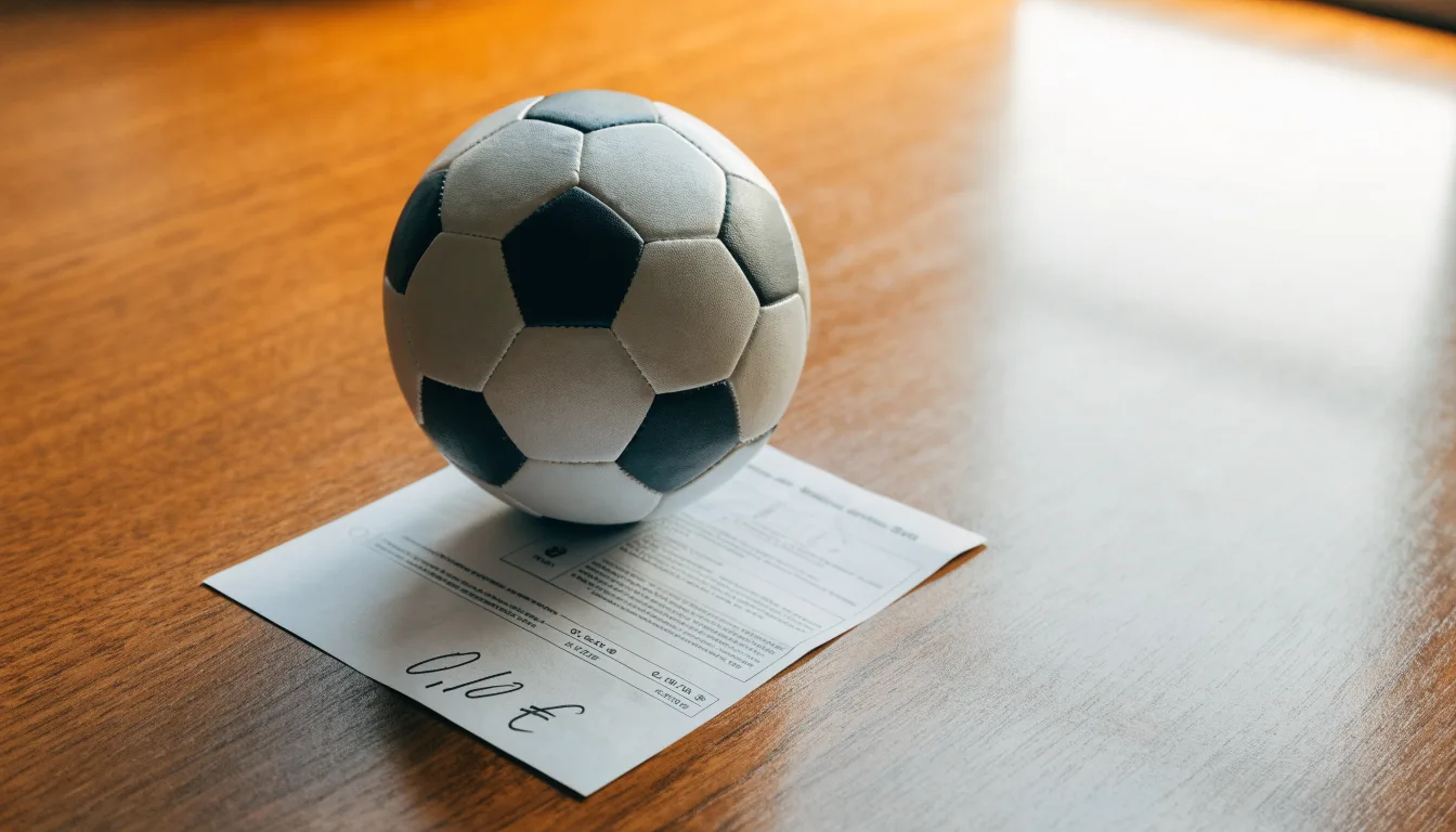 Uma bola de futebol pousada sobre um talão de apostas em branco numa mesa de madeira, à luz do dia