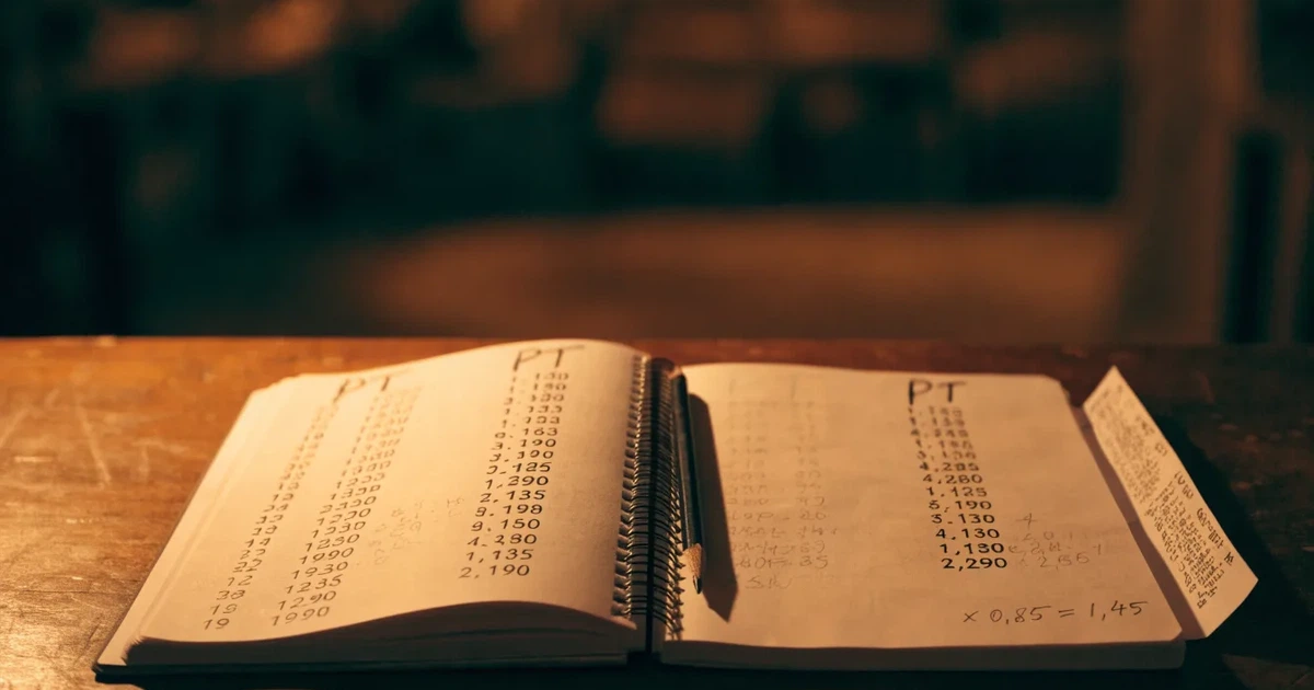 Um caderno aberto com cotas escritas à mão, uma calculadora e um lápis sobre uma mesa de madeira