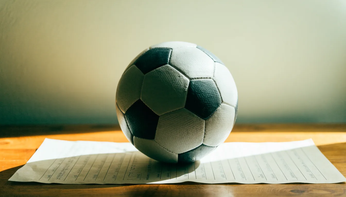 Uma bola de futebol pousada sobre um talão de apostas em branco numa mesa de madeira, à luz do dia