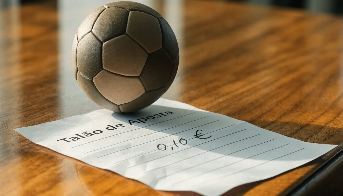 Uma bola de futebol pousada sobre um talão de apostas em branco numa mesa de madeira, à luz do dia