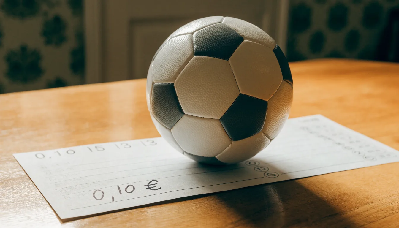 Uma bola de futebol pousada sobre um talão de apostas em branco numa mesa de madeira, à luz do dia
