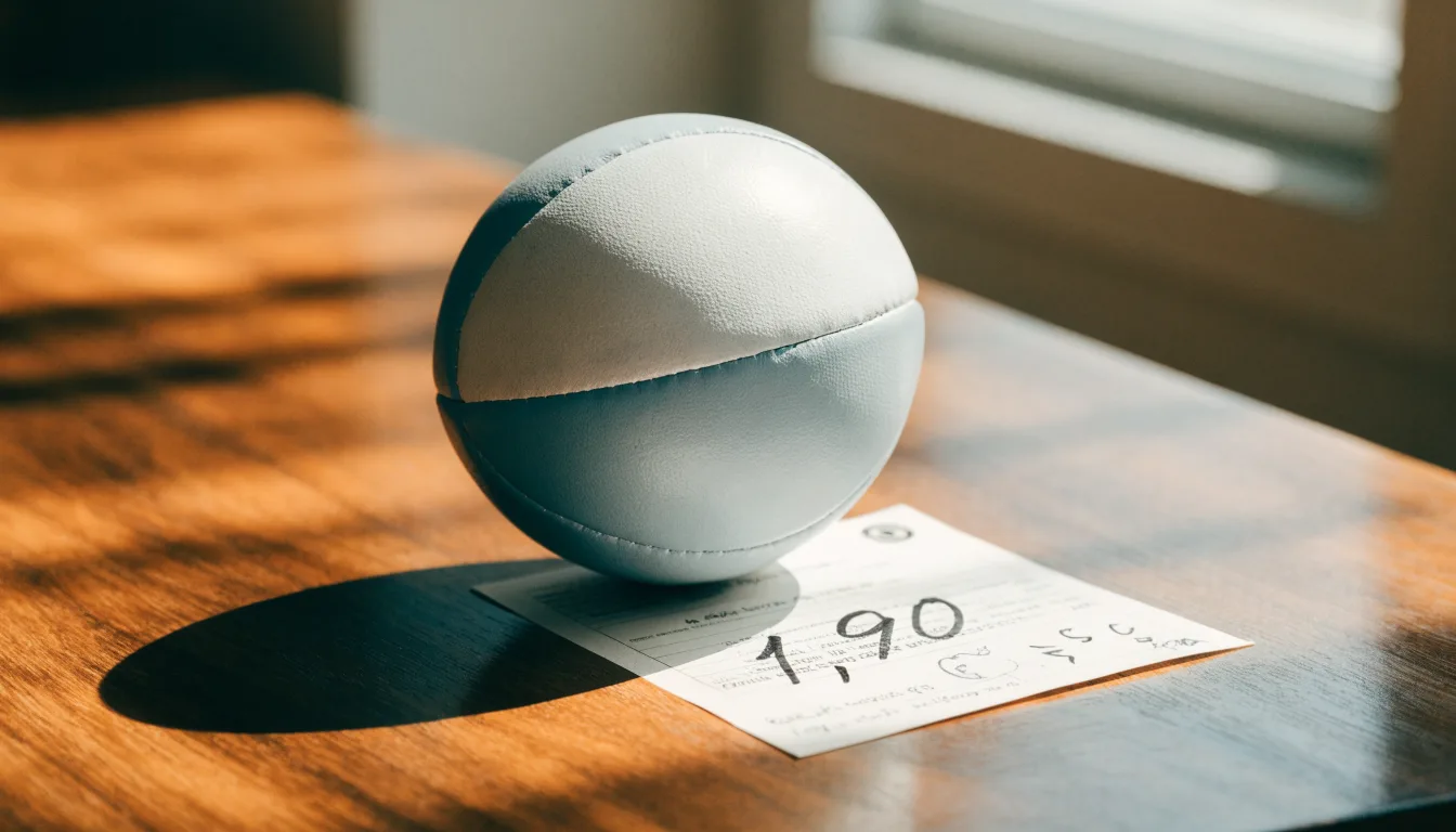 Uma bola de futebol pousada sobre um talão de apostas em branco numa mesa de madeira, à luz do dia