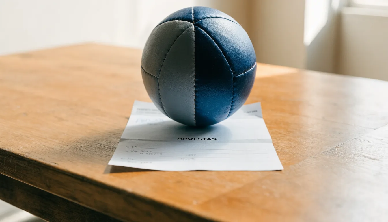 Uma bola de futebol pousada sobre um talão de apostas em branco numa mesa de madeira, à luz do dia
