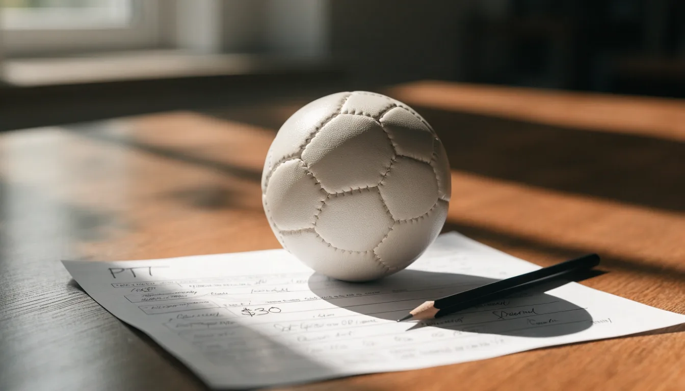 Uma bola de futebol pousada sobre um talão de apostas em branco numa mesa de madeira, à luz do dia