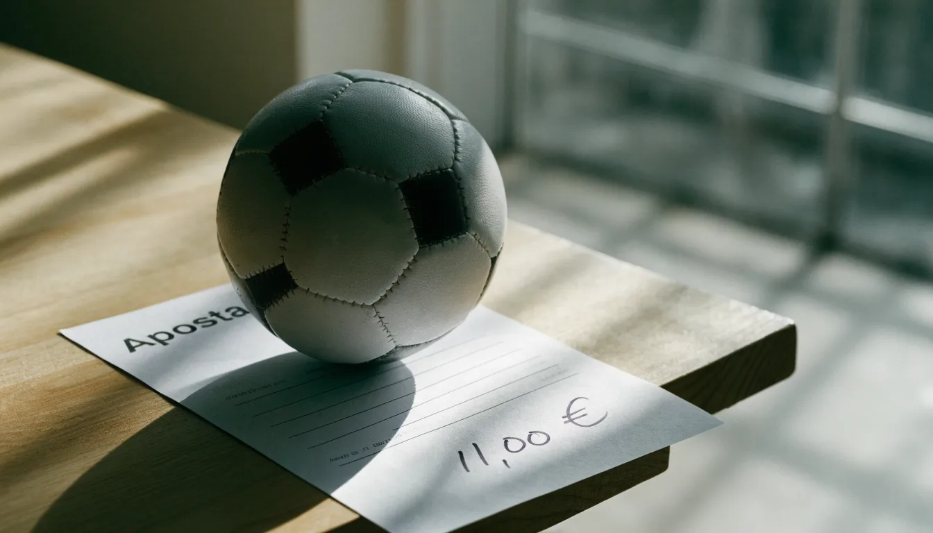 Uma bola de futebol pousada sobre um talão de apostas em branco numa mesa de madeira, à luz do dia